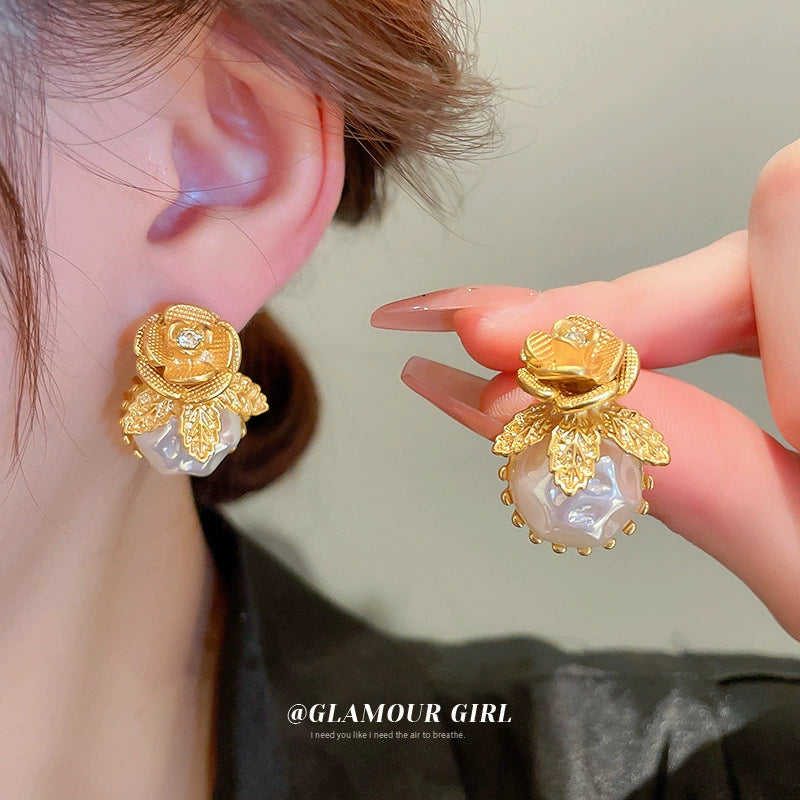 Vintage Gold Rose & Pearl Drop Earrings