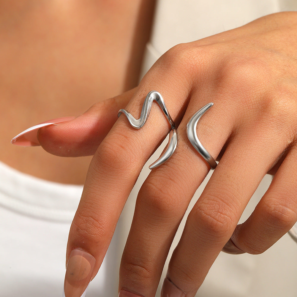 SRNG-14 - Wide-Faced Wave Stainless Steel Ring - Adjustable