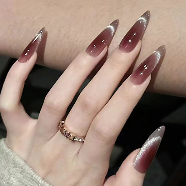 Wine Red Cat's Eye Fake Nails - 30Pcs