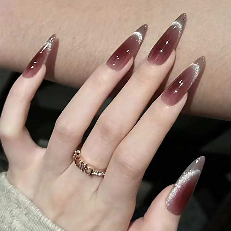 Wine Red Cat's Eye Fake Nails - 30Pcs