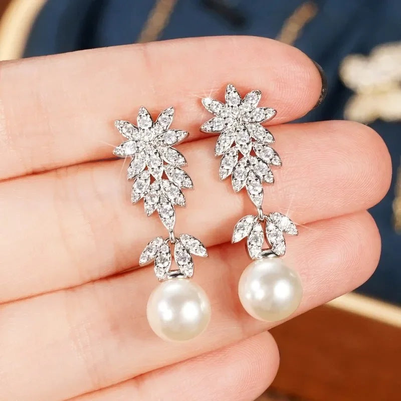 ZER47 - Highly Sparkling Faux Pearl Floral Earrings