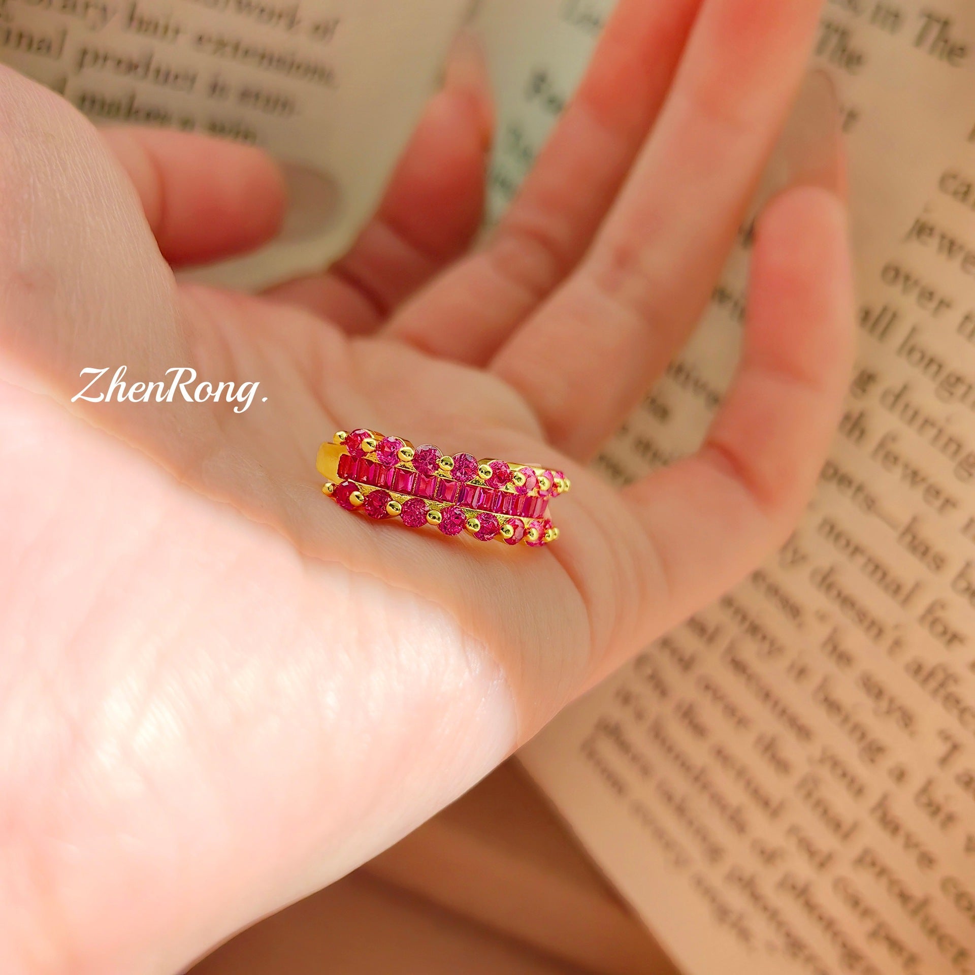 ZRNG 119 - Gold & Red Sapphire Band Ring - Adjustable