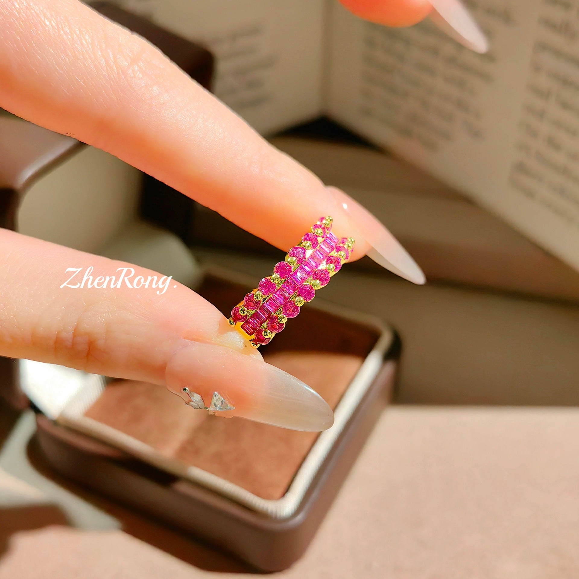 ZRNG 119 - Gold & Red Sapphire Band Ring - Adjustable