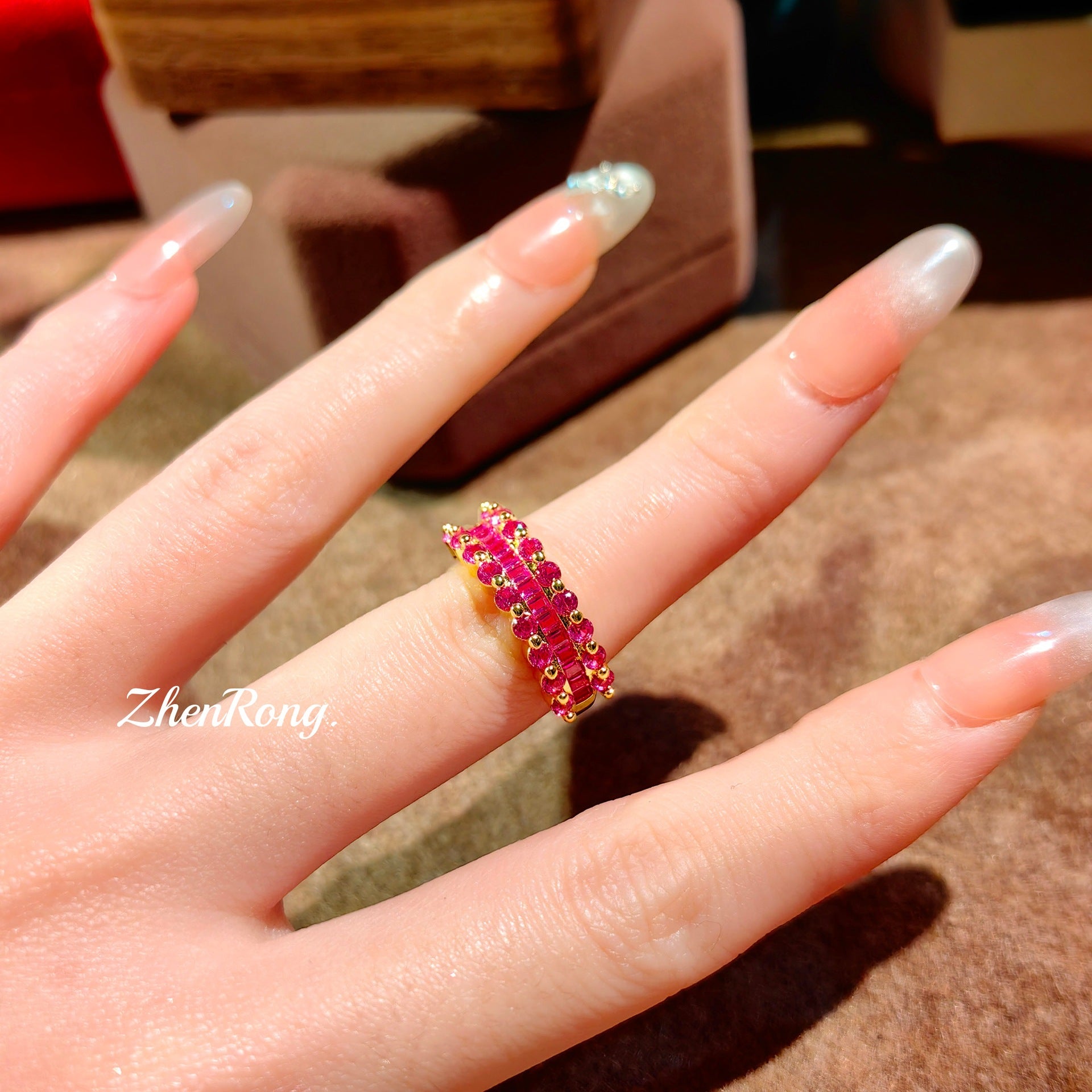 ZRNG 119 - Gold & Red Sapphire Band Ring - Adjustable