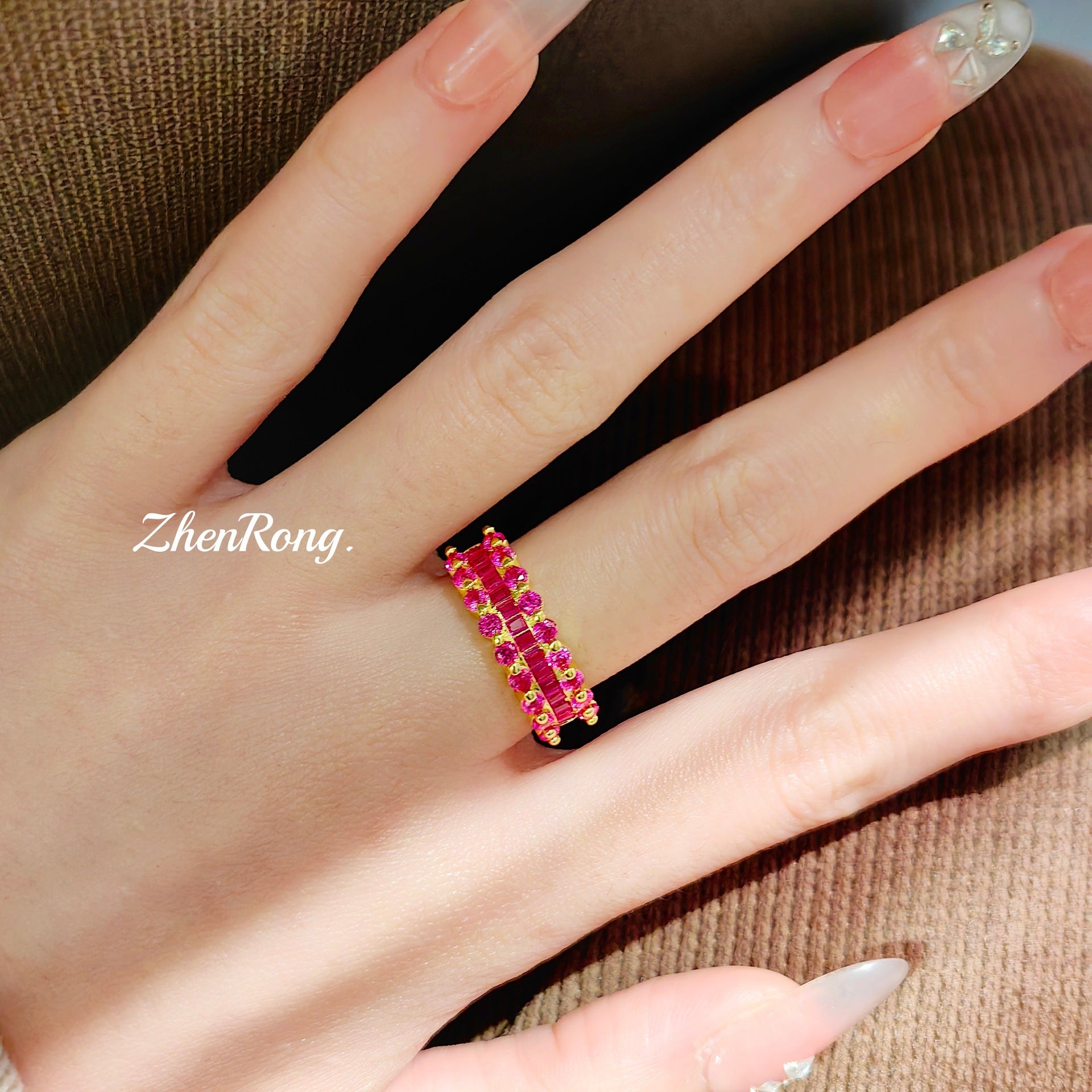 ZRNG 119 - Gold & Red Sapphire Band Ring - Adjustable