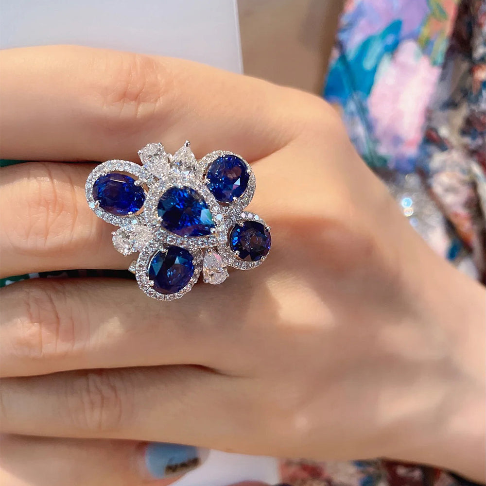 ZRNG 183 - Deep Sea Sapphire Layered Flower Ring [Adjustable opening]
