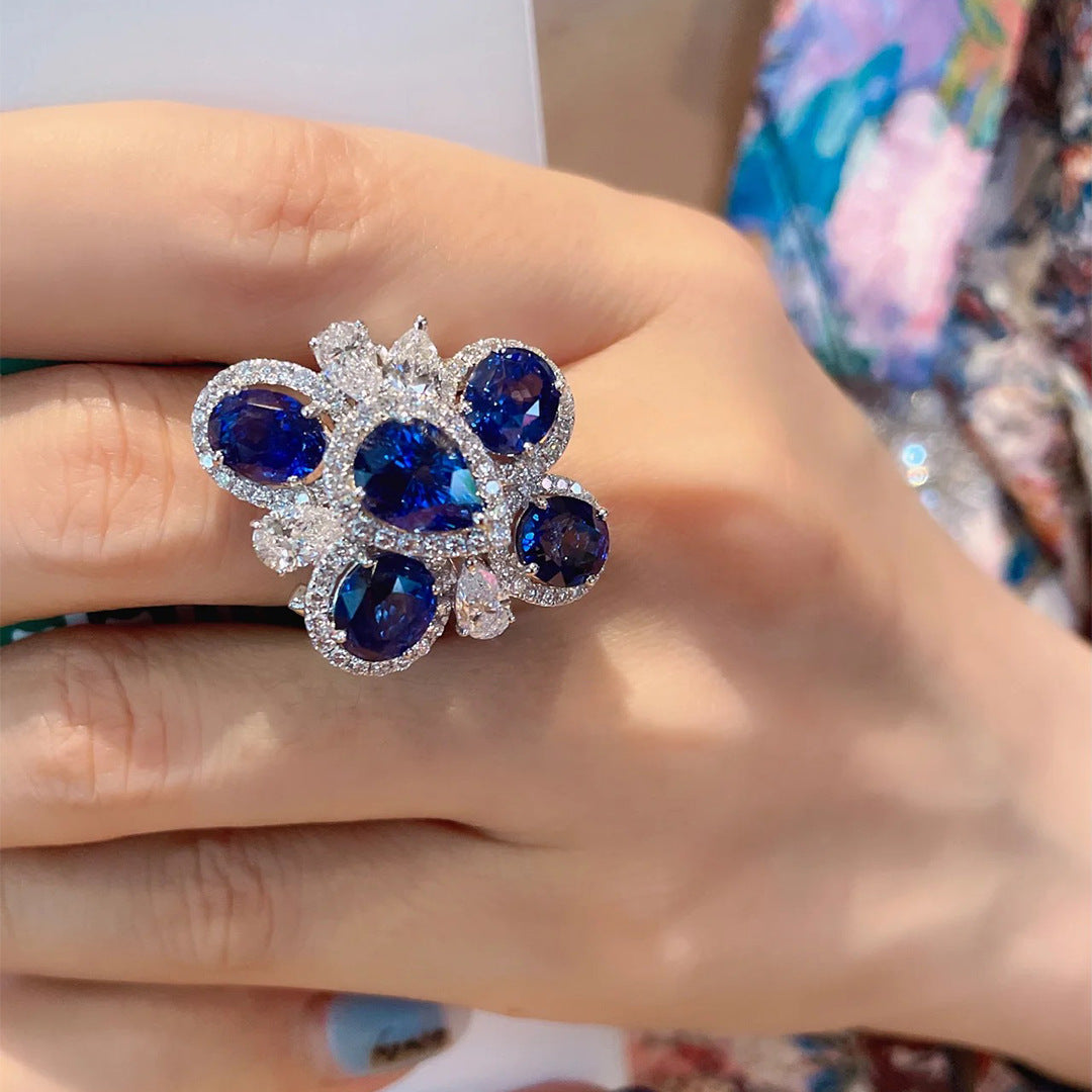 ZRNG 183 - Deep Sea Sapphire Layered Flower Ring [Adjustable opening]
