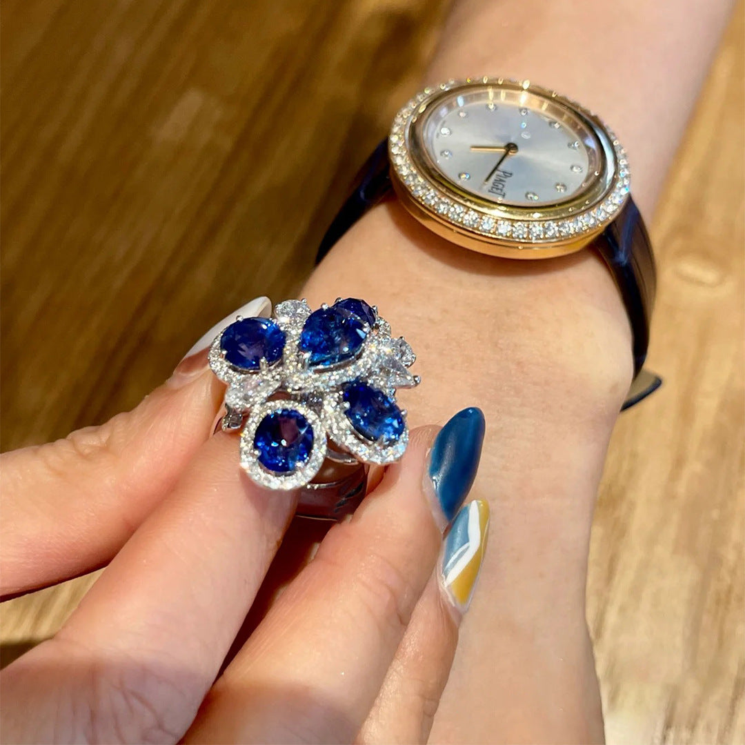 ZRNG 183 - Deep Sea Sapphire Layered Flower Ring [Adjustable opening]
