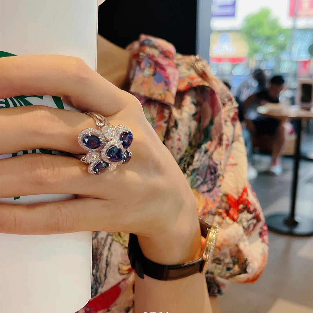 ZRNG 183 - Deep Sea Sapphire Layered Flower Ring [Adjustable opening]