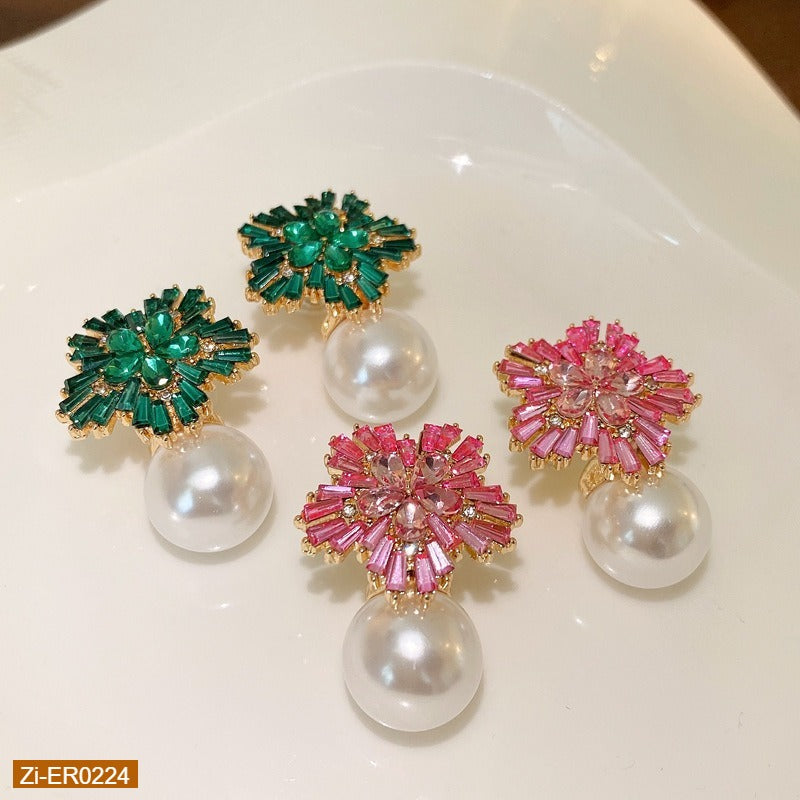 Diamond Flower Pearl Earrings