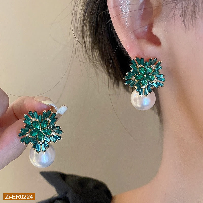 Diamond Flower Pearl Earrings