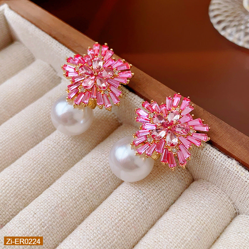Diamond Flower Pearl Earrings
