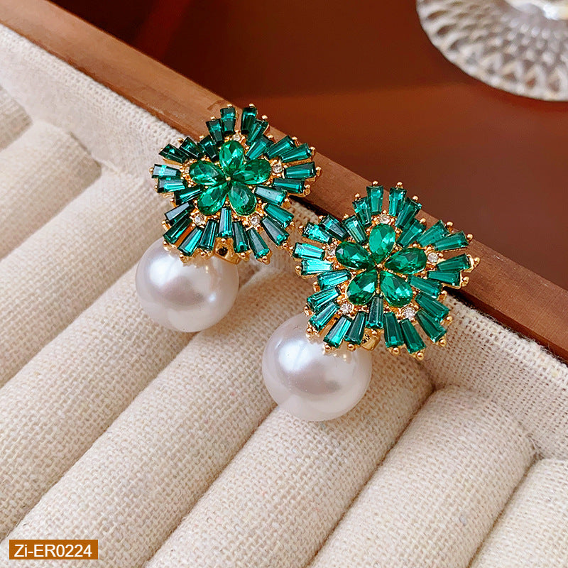 Diamond Flower Pearl Earrings