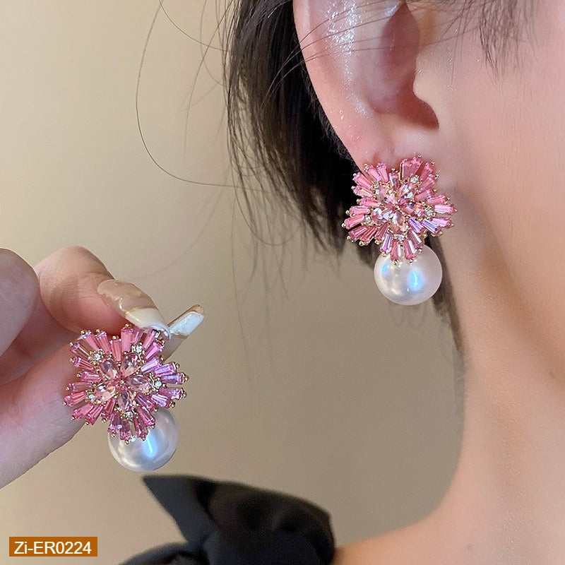 Diamond Flower Pearl Earrings