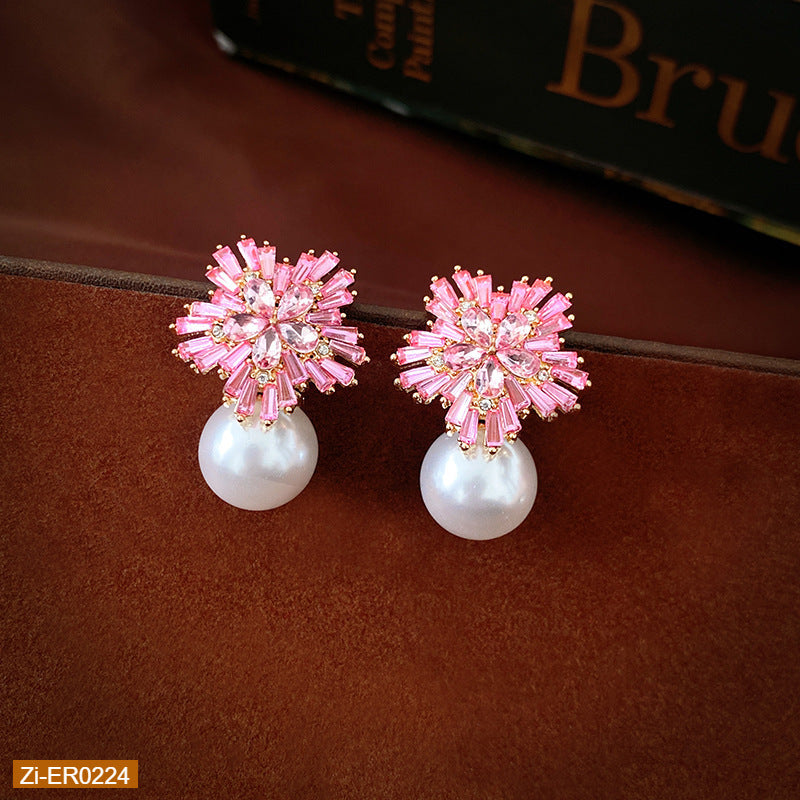 Diamond Flower Pearl Earrings