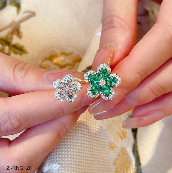 Beautiful White Green Flower Rings With Shinning Rhinestones Adjustable Ring