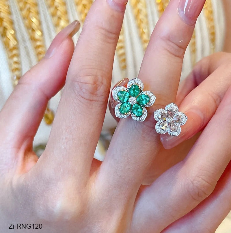 Beautiful White Green Flower Rings With Shinning Rhinestones Adjustable Ring - Zi Collection Hub