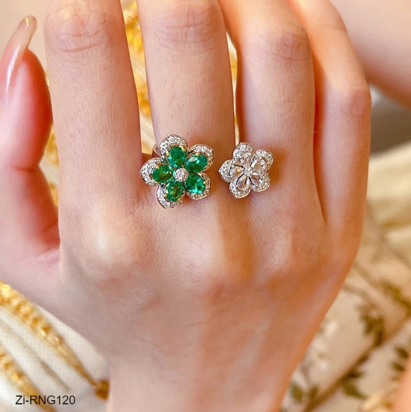 Beautiful White Green Flower Rings With Shinning Rhinestones Adjustable Ring - Zi Collection Hub