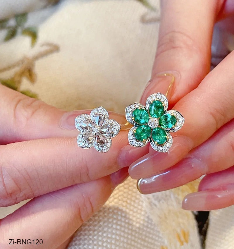 Beautiful White Green Flower Rings With Shinning Rhinestones Adjustable Ring - Zi Collection Hub