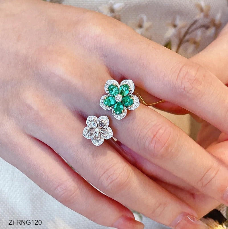 Beautiful White Green Flower Rings With Shinning Rhinestones Adjustable Ring - Zi Collection Hub