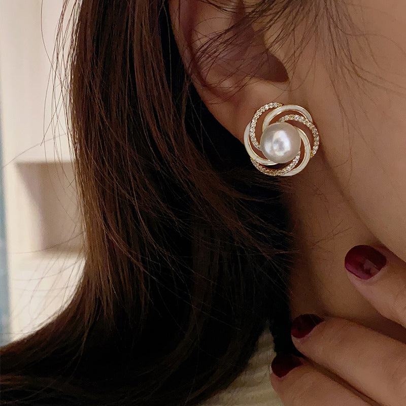 ZER38 - Zircon Wrapped Pearl Stud Earrings