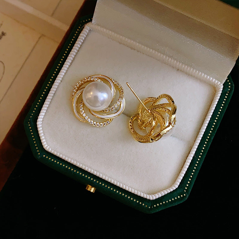 ZER38 - Zircon Wrapped Pearl Stud Earrings