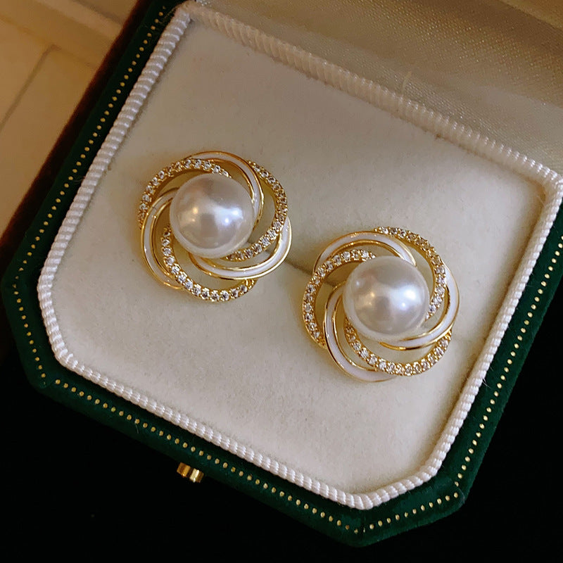ZER38 - Zircon Wrapped Pearl Stud Earrings