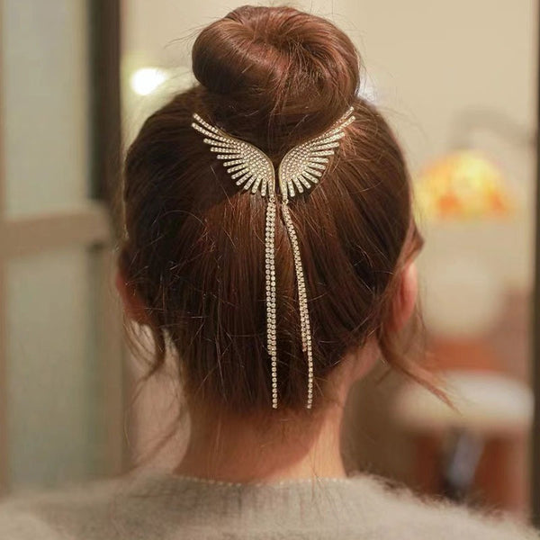 Angel Wings Pearl Rhinestone Tassel Pill Head Ponytail