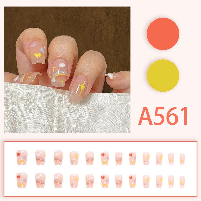 Summer Fresh Love White Cloud Colorful Rainbow Fake Nails  - 24Pcs