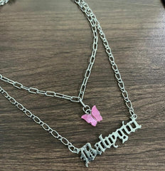 Acrylic Butterfly 2 Layers Chain Choker Silver