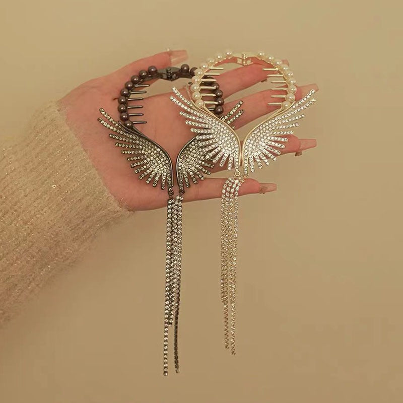 Angel Wings Pearl Rhinestone Tassel Pill Head Ponytail - Zi Collection Hub