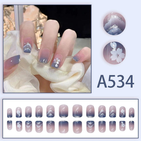 Blue Smudged Small Flowers Fake Nails  - 24Pcs