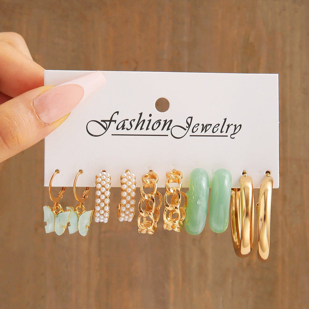 5 Pairs Green Butterfly Earring Set