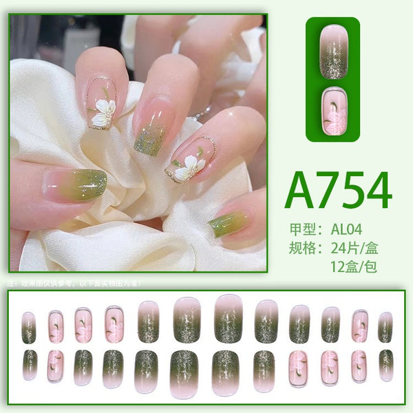 Summer Green Camellia ice Transparent Fake Nails  - 24Pcs