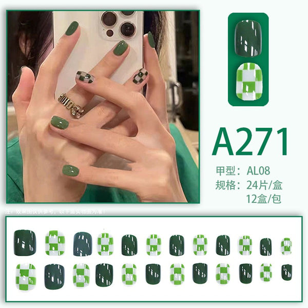 Green Checkerboard Fake Nails  - 24Pcs