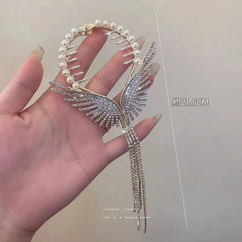 Angel Wings Pearl Rhinestone Tassel Pill Head Ponytail - Zi Collection Hub