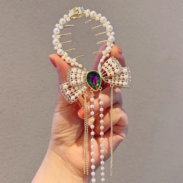 Pearl Bow Tassel Ball Hair Clip