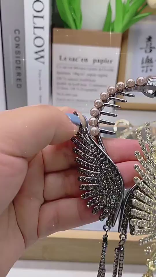 Angel Wings Pearl Rhinestone Tassel Pill Head Ponytail