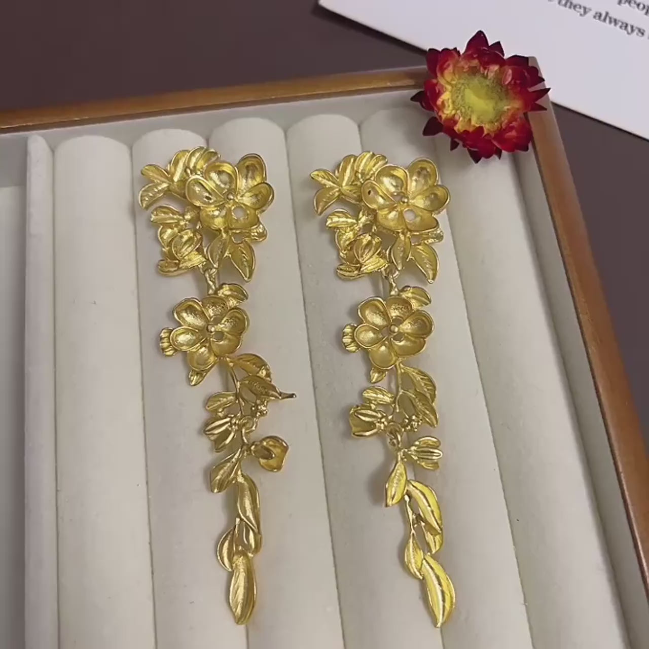 Golden Color Flower Tassel Earrings