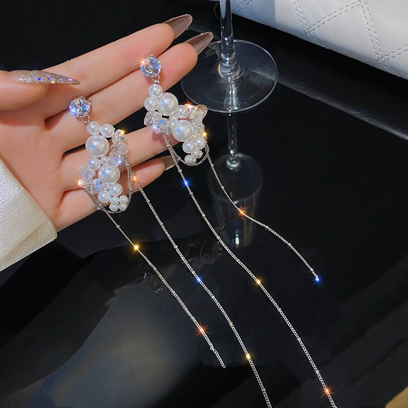 925 Silver Needle Long Pearl Crystal Tassel Earrings - Zi Collection Hub