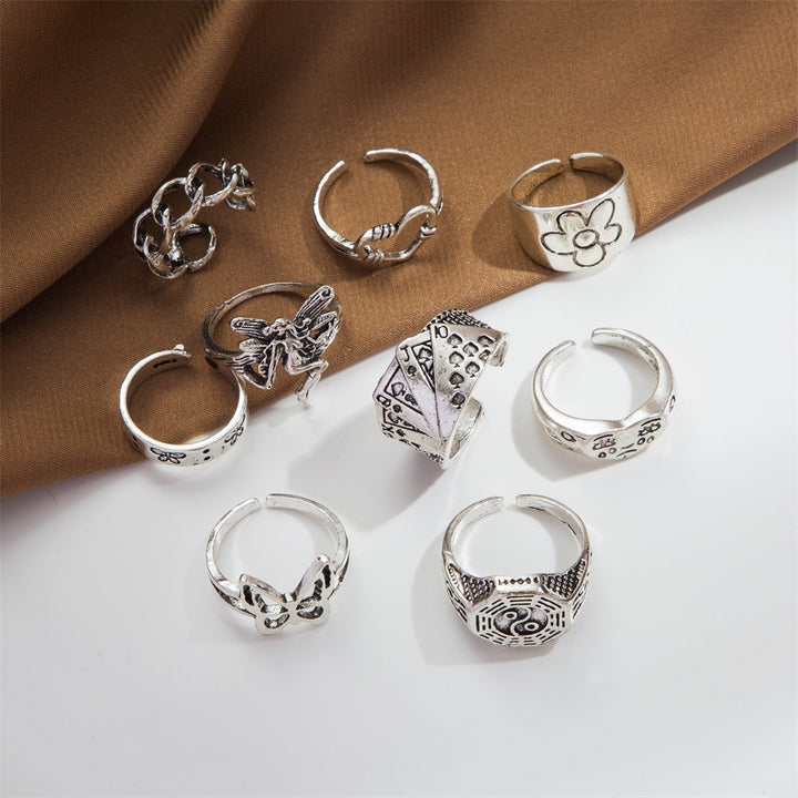 9Pcs Vintage Gothic Butterfly Angle Flower Multi Element Ring Set - Zi Collection Hub