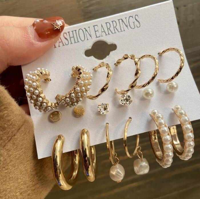 ERSET01 - Geometric Pearl Earrings 9 Pair Set
