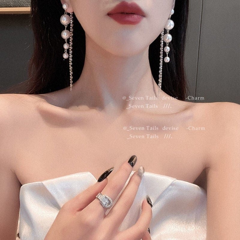 s925 Silver Needle Pearl Long Tassel Earrings - Zi Collection Hub