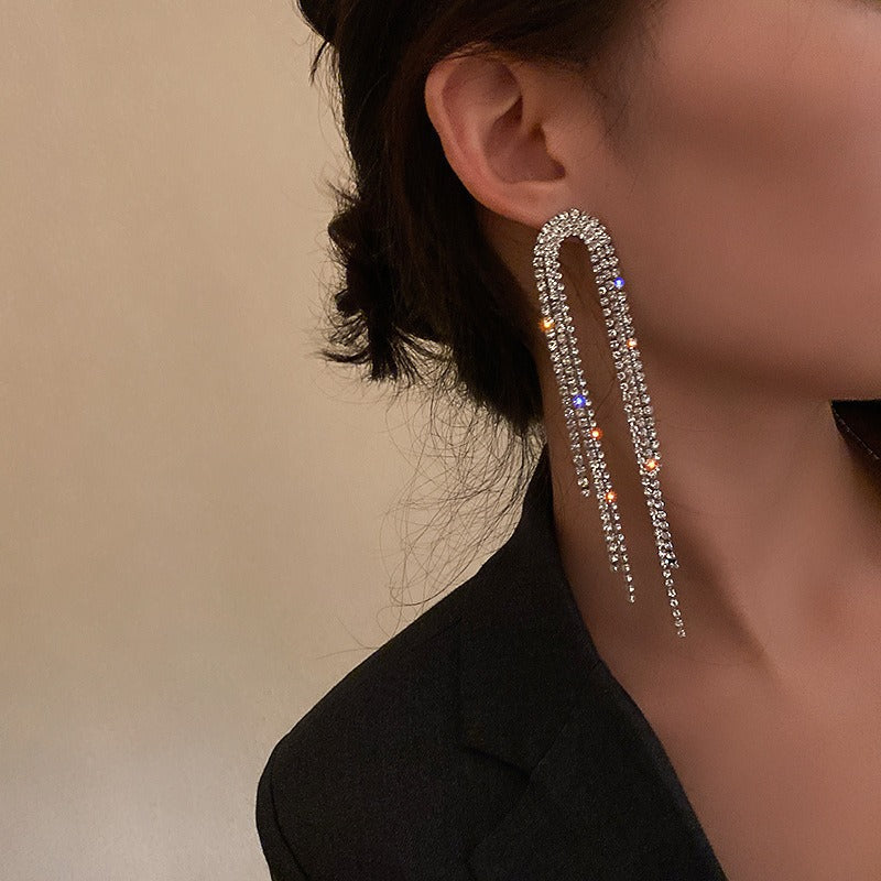 Classic U Design Full Rhinestone Tassel Long Earrings - Zi Collection Hub