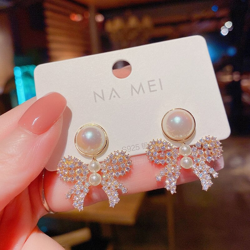 Korean Crystal Zircon Hollow Bow Earrings