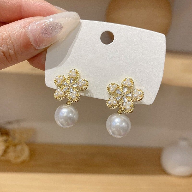 New Style Silver Needle Diamond Pearl Flower Earrings - Zi Collection Hub