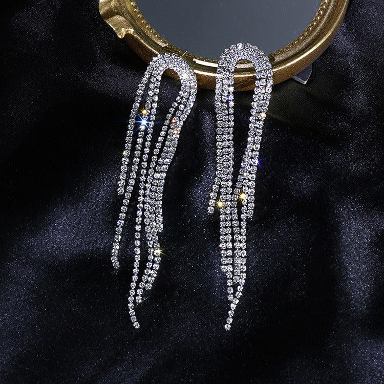 Classic U Design Full Rhinestone Tassel Long Earrings - Zi Collection Hub