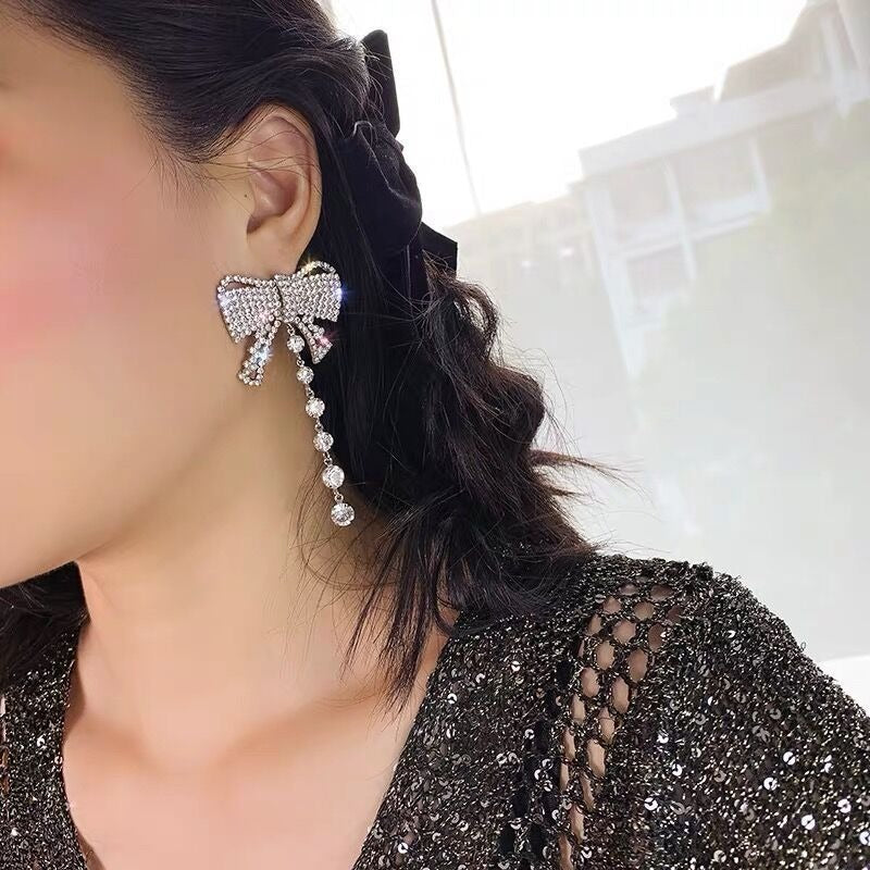 925 Silver Needle Korean Bow Pearl Rhinestone Earrings - Zi Collection Hub