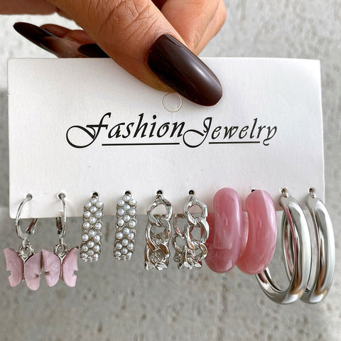 5 Pairs Silver Butterfly Earring Set