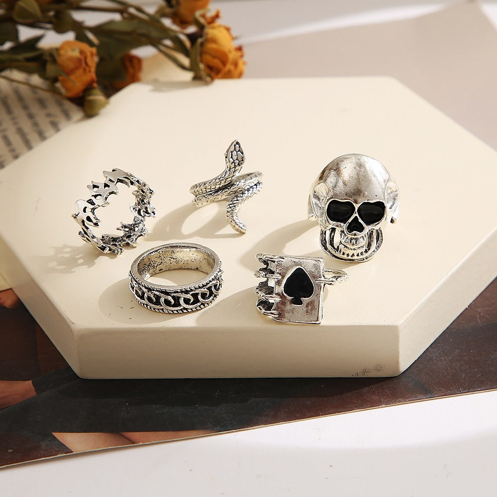 Creative Vintage Skull Head Thorns Flame Snake Poker Rings Set - Zi Collection Hub